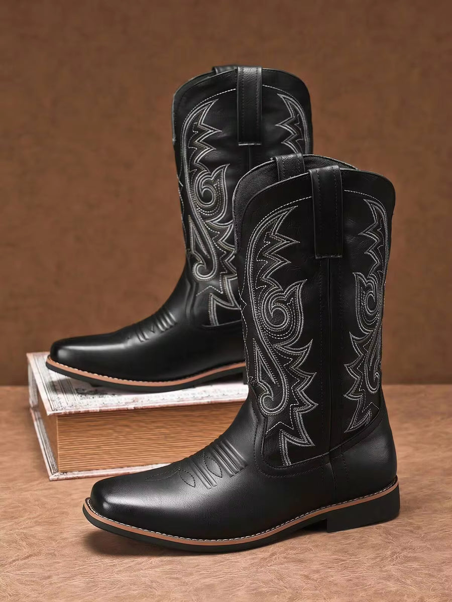 Men's Embroidered Chelsea Boots, Suitable For All Seasons, Outdoor High-Top Super Fiber Leather Boots, British Style Men's Boots, Western Cowboy Boots