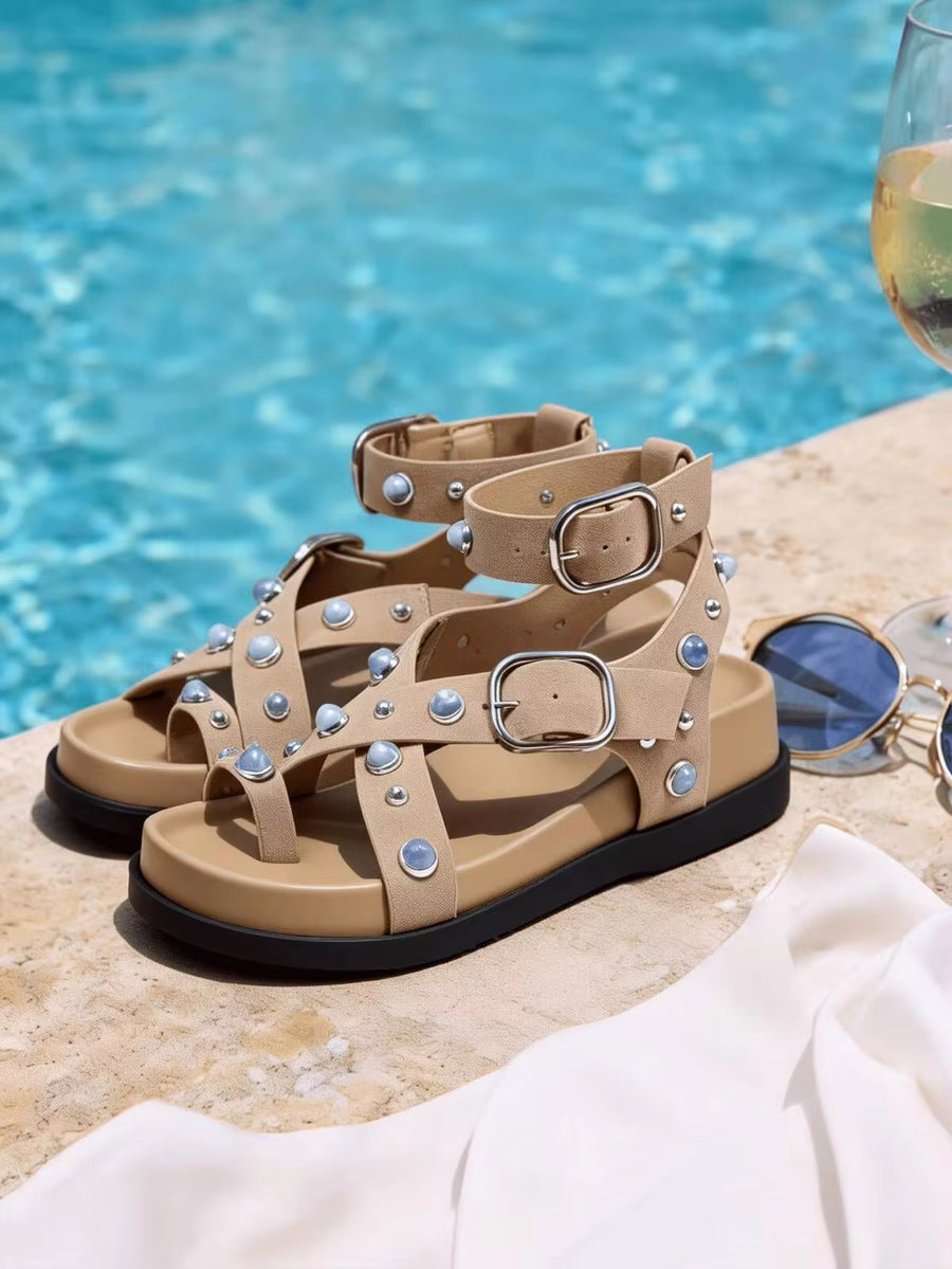 Women's  Boho Studded Vintage Gemstone Gladiator Gray Sandals Ankle Strap Flat Sandals Summer Beach Essentials Beach Sandals For Women