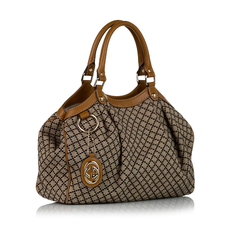 Women Gucci bags with a front - flap pocket for quick - access itemsGucci Diamante Sukey Canvas Tote Bag (33345)