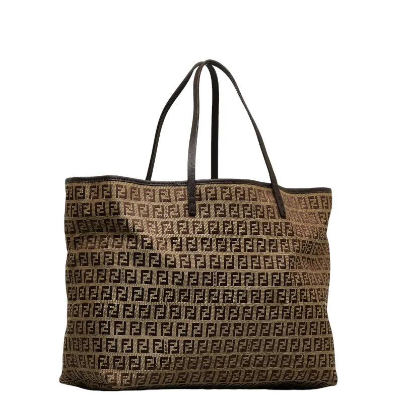 Ladies Fendi shoulder bags with a tassel - decorated zipper for added charm and styleFENDI Zucchino Tote Bag 8BH076 Brown Canvas Leather ladies