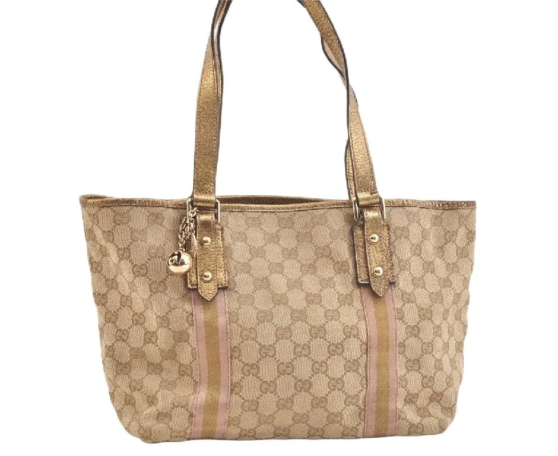 Women Gucci backpacks with a luxurious leather finishAuthentic GUCCI Sherry Line Tote Bag GG Canvas Leather 137396 Beige 2974K