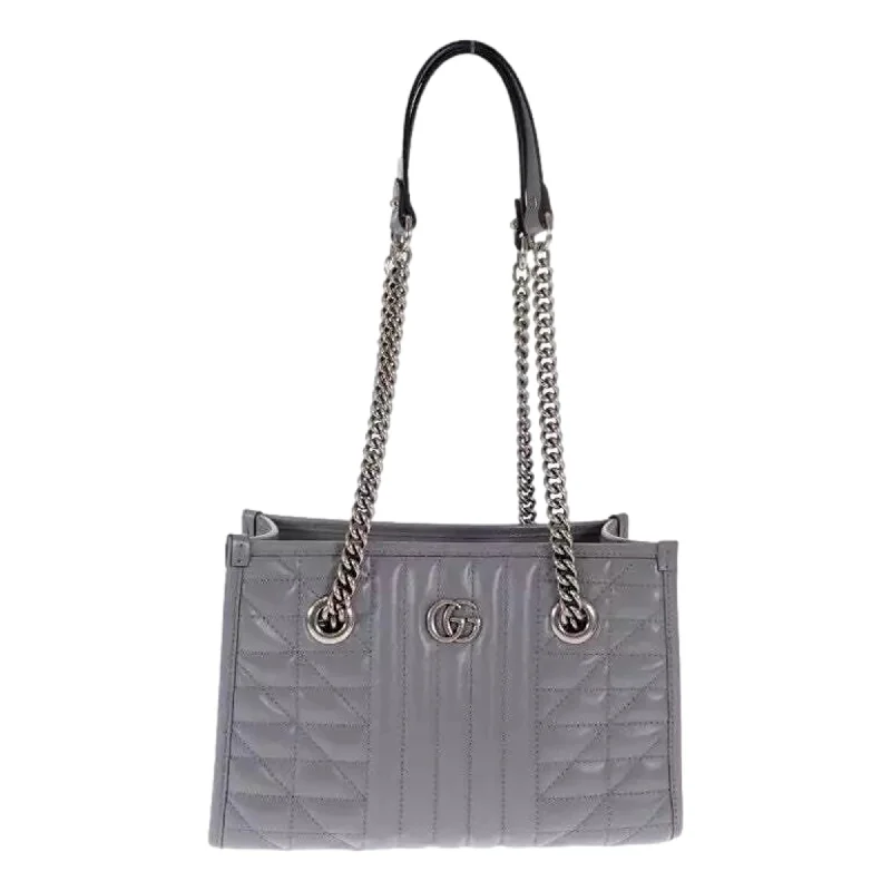 Women Gucci bags with a chain - link trim and a leather bodyGucci GG Marmont Silver Medium Chain Shoulder Tote Bag Gray Leather