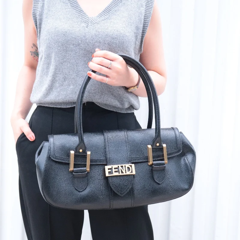 Ladies Fendi Peekaboo bags with a hand - stitched leather handle for artisanal charmFendi Logo Leather Hand Bag Shoulder Bag Black 8BN116