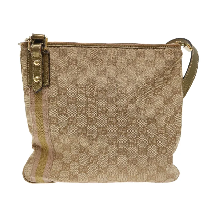 Women Gucci bags with a chain - link trim and a leather bodyGUCCI GG Canvas Sherry Line Shoulder Bag Beige Gold pink 144388  ki3251