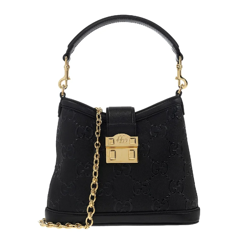 Gucci tote bags for women with a printed Gucci logoGucci GG Black Embossed Pebbled Leather Gold Chain Shoulder Bag