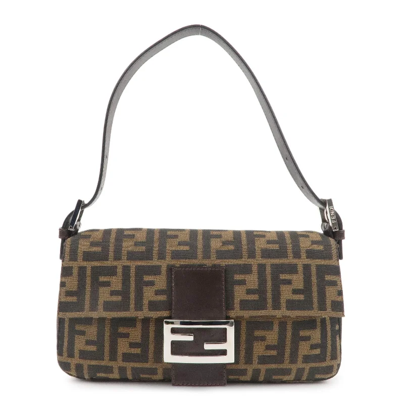 Fendi crossbody bags with a woven leather strap for a unique texture and visual appealFENDI Mamma Baguette Canvas Leather Shoulder Bag Brown Black 26424