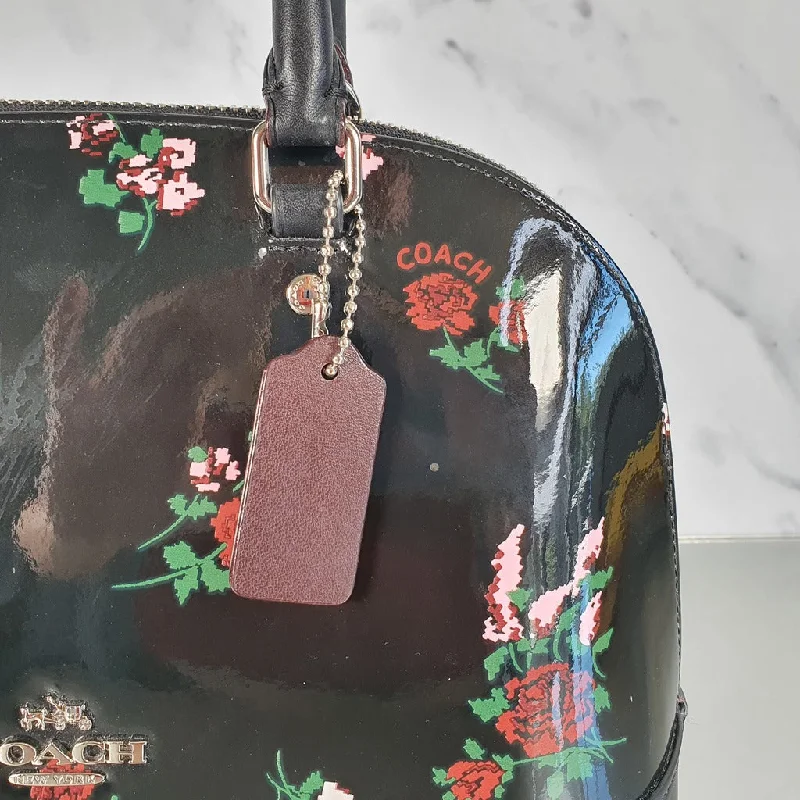 Coach bags with a detachable mirror inside for quick touch - upsCoach Mini Sierra Satchel in Black Patent Leather with Floral Print - LIMITED EDITION