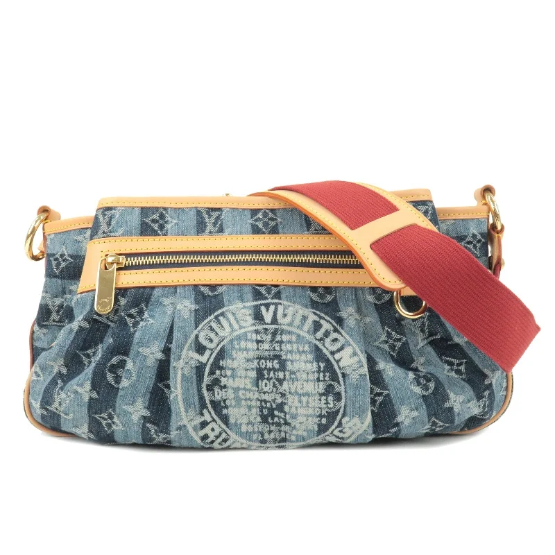 Louis Vuitton crossbody bags with a printed floral pattern for femininityLouis Vuitton Monogram Denim Porte Epaule Raye MM Bag M95334 Blue