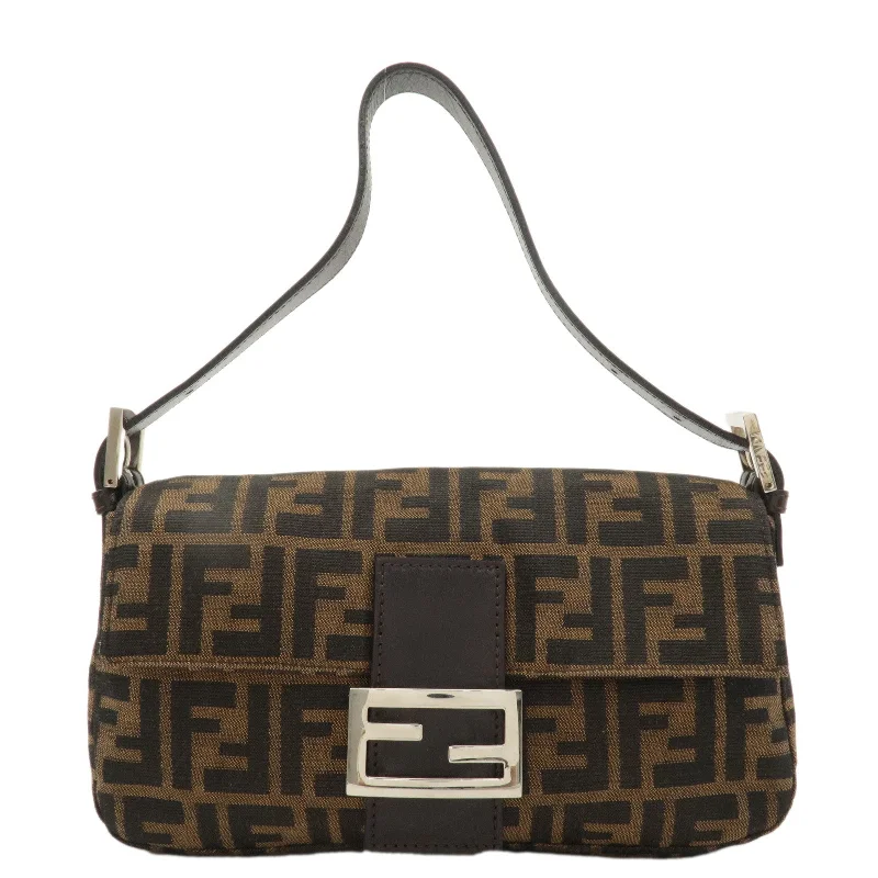 Fendi crossbody bags with a detachable ID holder for easy identificationFENDI Mamma Baguette Canvas Leather Shoulder Bag Brown Black 26424