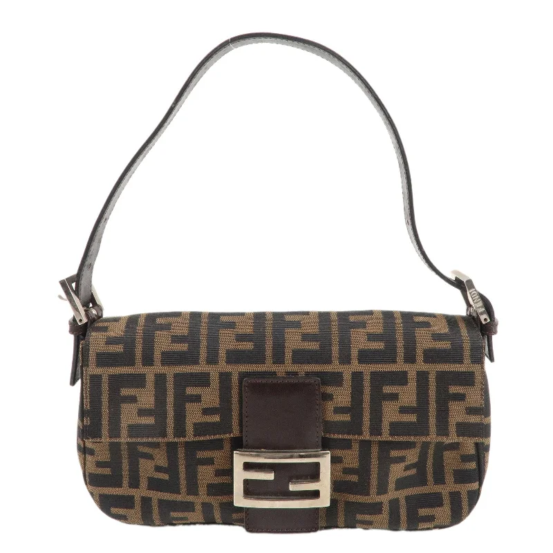 Fendi By The Way bags with a laser - cut leather detail for a modern and intricate lookFENDI Mamma Baguette Canvas Shoulder Bag Brown Black 26424