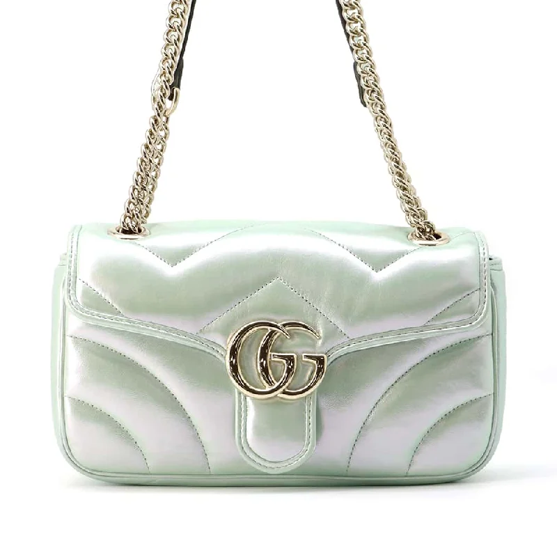 Women Gucci bags with a front - zip pocket for small items【RESERVED】GUCCI GG Marmont ChainShoulder Bag Green Aurora 443497 Leather