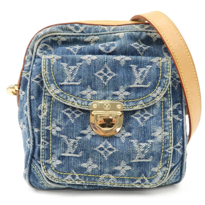 Louis Vuitton bags with a snap - button closure and a decorative charm for styleLouis Vuitton Monogram Denim Camera Bag Shoulder Bag Blue