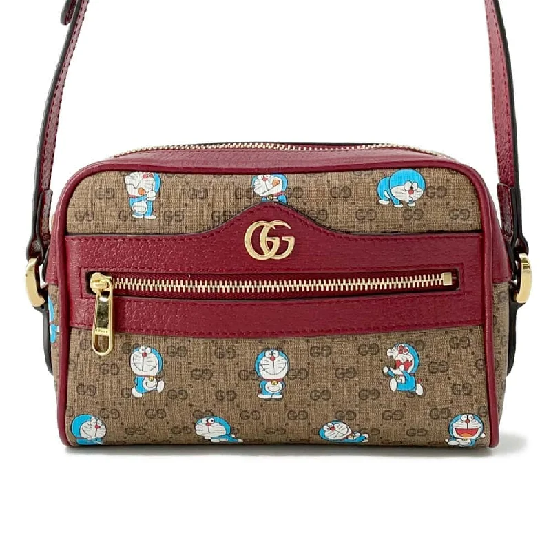 Women Gucci bags with a detachable mobile phone holderGUCCI GG Supreme Shoulder Bag Doraemon Collaboration Beige/Red 647784 GG SupremeCanvas Leather