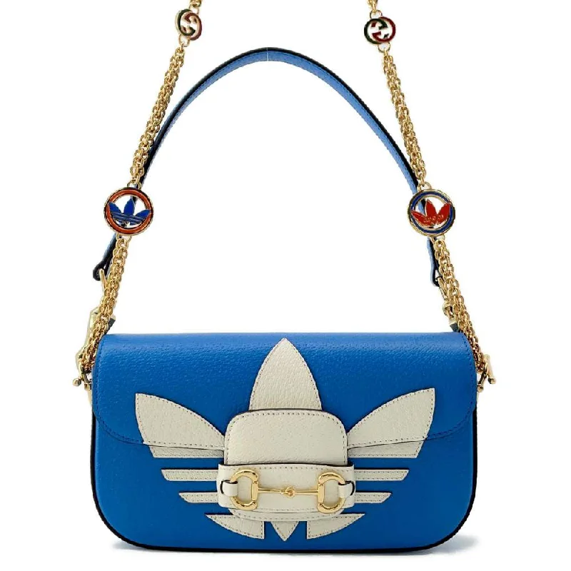 Women Gucci crossbody bags with a woven leather strapGUCCI Adidas collaboration Horsebit1955 ChainShoulder Bag White/Blue 722009 Leather Size Small