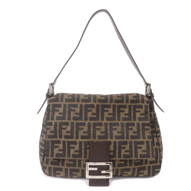 Fendi bags with a back - zip pocket for storing valuables securelyFENDI Mamma Baguette Zucca Canvas Leather Shoulder Bag 26325