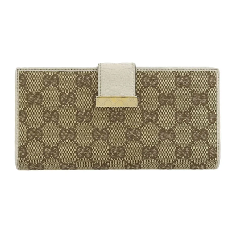 Women Gucci bags with a detachable mirror insideGucci GG canvas long wallet with double hook leather brown white 212089