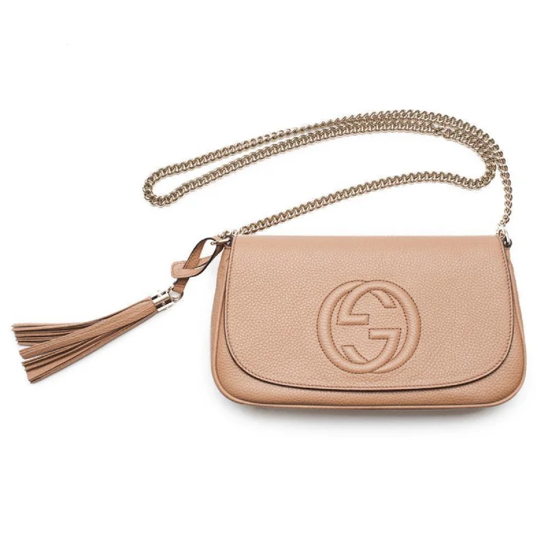 Women Gucci bags with a snap - button closure and a decorative charmGucci Soho Disco GG Camelia Beige Tassel Chain Crossbody Bag