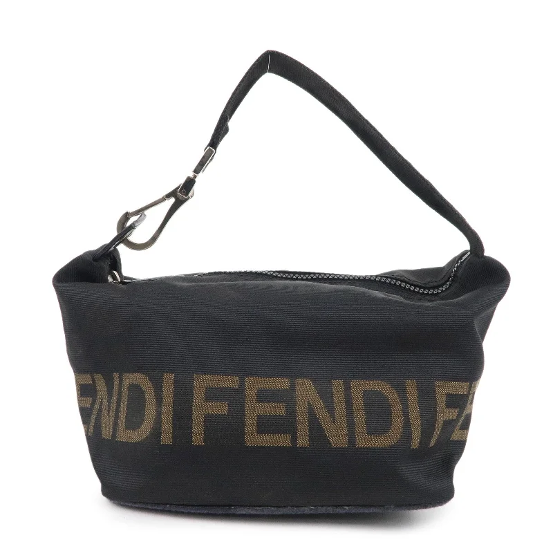 Fendi bags with a chain - link trim and a leather body for a modern and edgy lookFENDI Logo Canvas Hand Bag Black Brown 26586