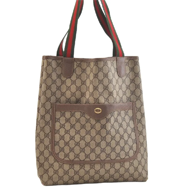 Gucci Marmont bags for women with a contrast - colored interiorAuthentic GUCCI Web Sherry Line Shoulder Tote Bag GG PVC Leather Brown 2863K