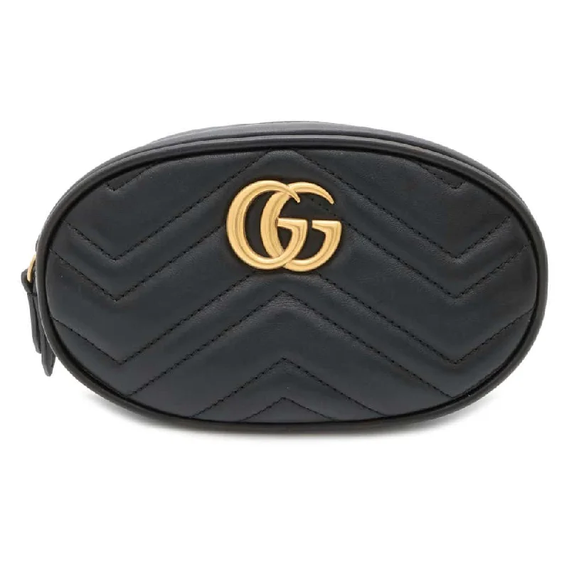 Women Gucci bags with a front - flap pocket for quick - access itemsGUCCI GG Marmont belt bag Black 476434 Leather