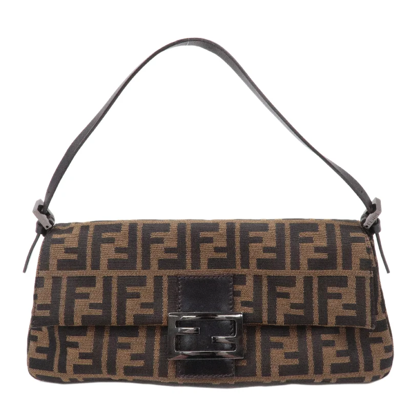 Fendi tote bags with a printed Fendi logo on the front for high brand visibilityFENDI Mamma Baguette Zucca Canvas Leather Bag Brown 8BR181