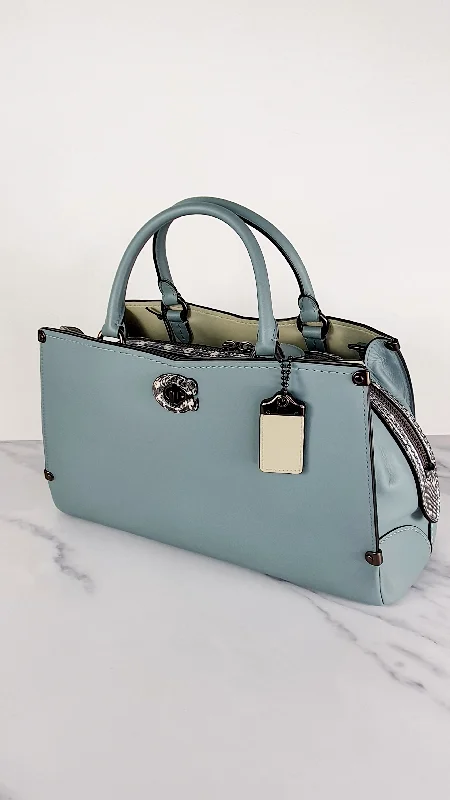 Coach bags with a back - zip pocket for storing valuables securelyCoach Mason Carryall in Sage Pale Blue Green Smooth Leather with Snakeskin - Coach 38717