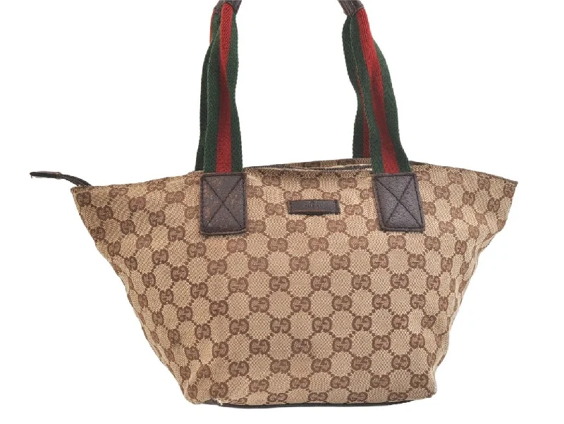 Small - sized Women Gucci shoulder bags for evening outingsAuthentic GUCCI Web Sherry Line Tote Bag GG Canvas Leather 131228 Brown 2836K