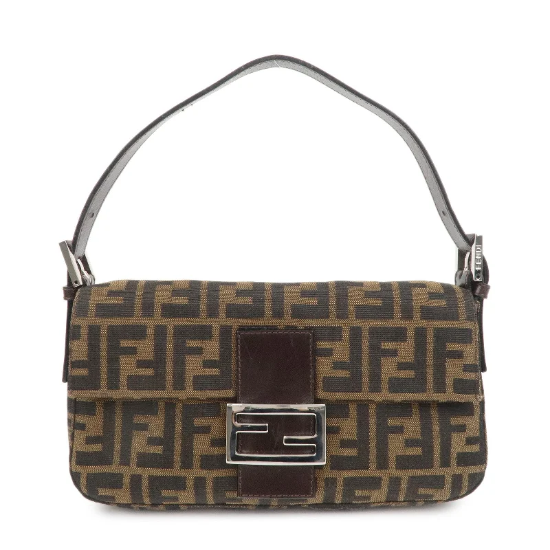 Fendi crossbody bags with a detachable fanny pack strap for a trendy and practical optionFENDI Mamma Baguette Canvas Leather Shoulder Bag Brown Black 26424