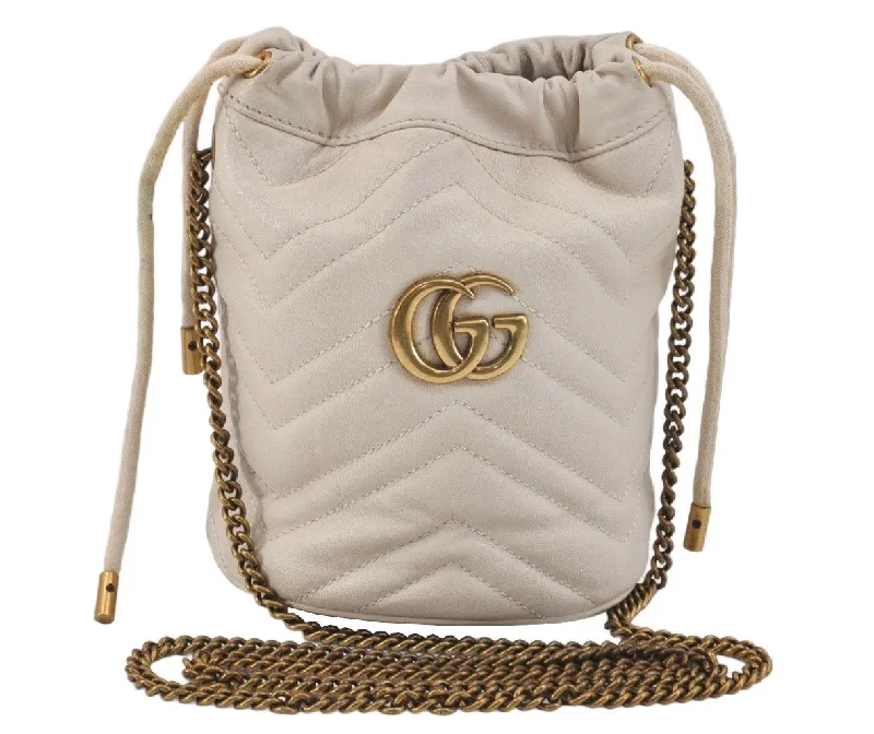 Women Gucci bags with a front - zip pocket for small itemsAuthentic GUCCI GG Marmont Chain Shoulder Cross Bag Leather 575163 White 2971K