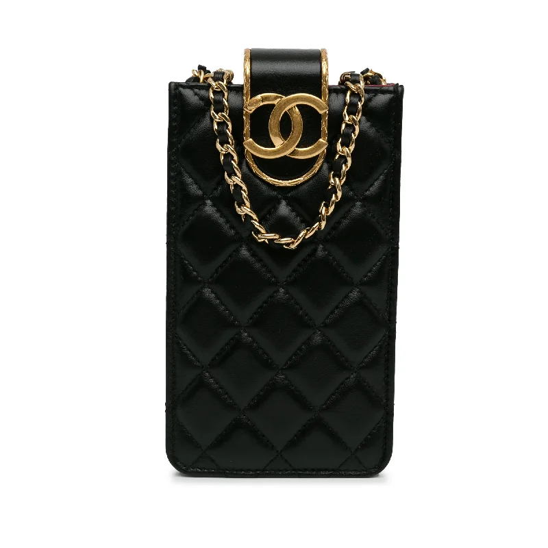 Yves Saint Laurent designer bags with gold hardwareBlack Chanel CC Quilted Lambskin Phone Holder with Chain Crossbody Bag