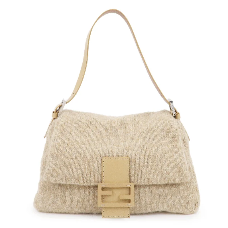 Fendi handbags with a perforated leather detail for a breathable and unique designFENDI Mamma Baguette Wool Knit Leather Shoulder Bag Beige 26325