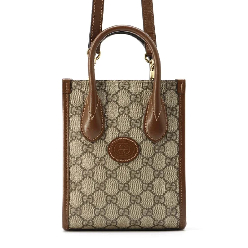 Women Gucci bags with a zippered interior pocketGUCCI Interlocking G 2WAY Mini Tote Bag Beige/Brown 671623 GG SupremeCanvas Leather