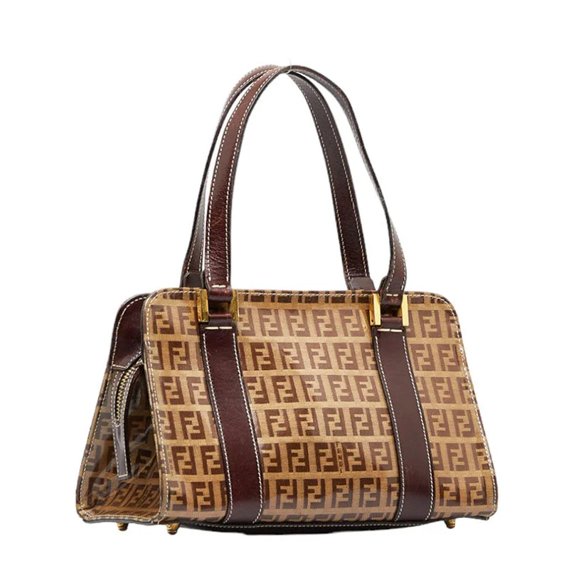 Fendi bags with a front - zip pocket for small items such as lip balm and earphonesFENDI Zucca Handbag Beige Brown PVC Leather Ladies