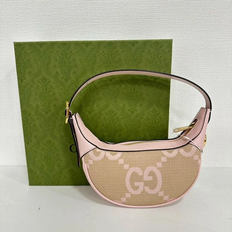 Women Gucci bags with a chain - link trim and a leather bodyGucci GG Canvas Leather Hobo Bag in Beige and Pink - Medium Size