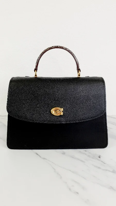 Ladies Coach Tabby bags with gold - toned hardware for a touch of luxuryCoach Parker 32 Tophandle Carryall in Black Crossgrain & Smooth Leather with Snakeskin Details - Handbag Exotic Crossbody Bag - Coach 73969