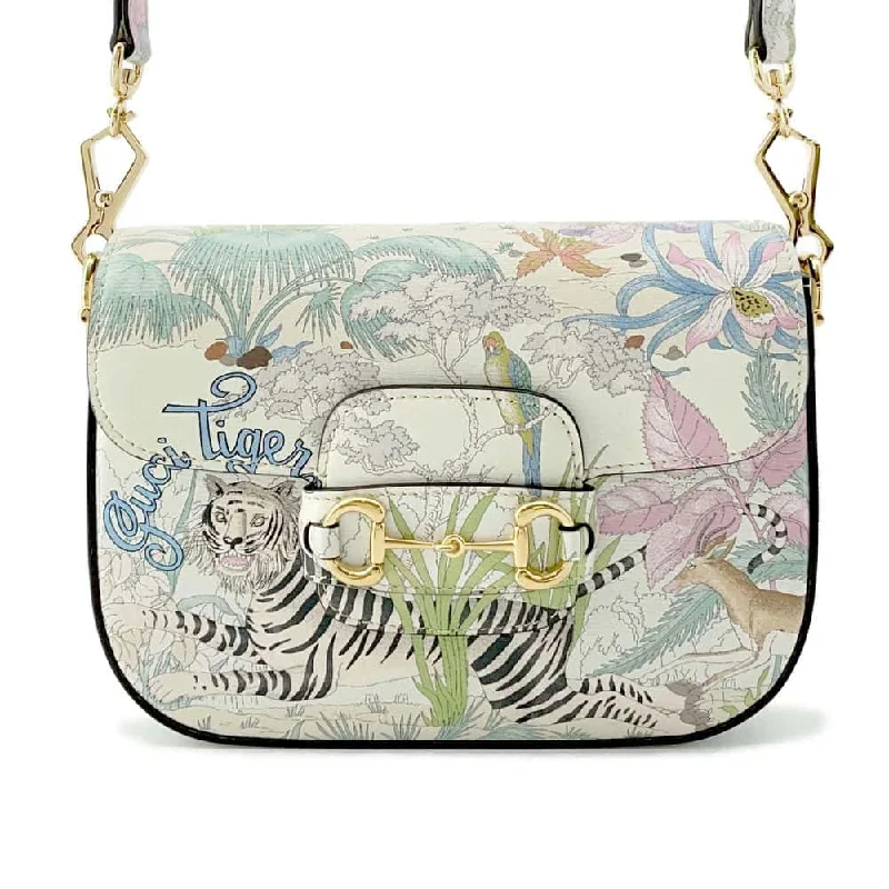 Women Gucci Sylvie bags featuring the signature web stripeGUCCI Horsebit 1955 Animal Print Shoulder Bag Ivory/Multicolor 677266 Leather