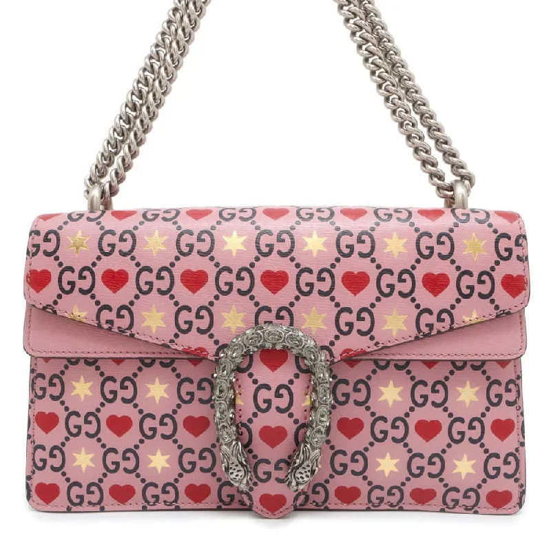 Ladies Gucci Dionysus bags with a chain - link shoulder strapGUCCI Dionysus GG Supreme Heart Valentine ChainShoulder Bag Pink 400249 Leather Size Small