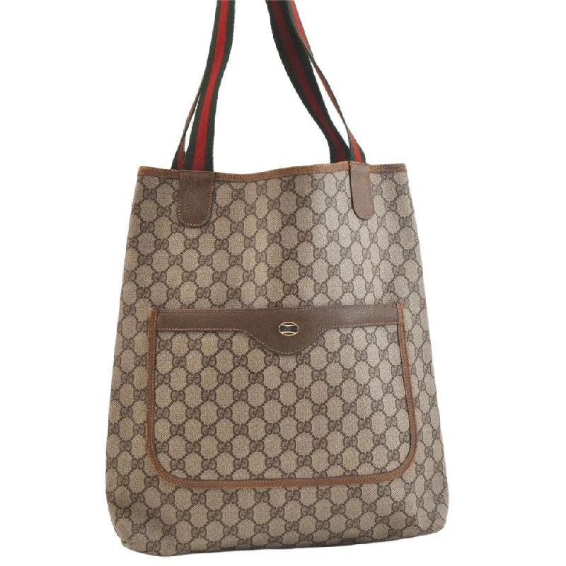 Medium - sized Women Gucci handbags for everyday useAuthentic GUCCI Web Sherry Line Tote Bag GG PVC Leather Brown Junk 2879K