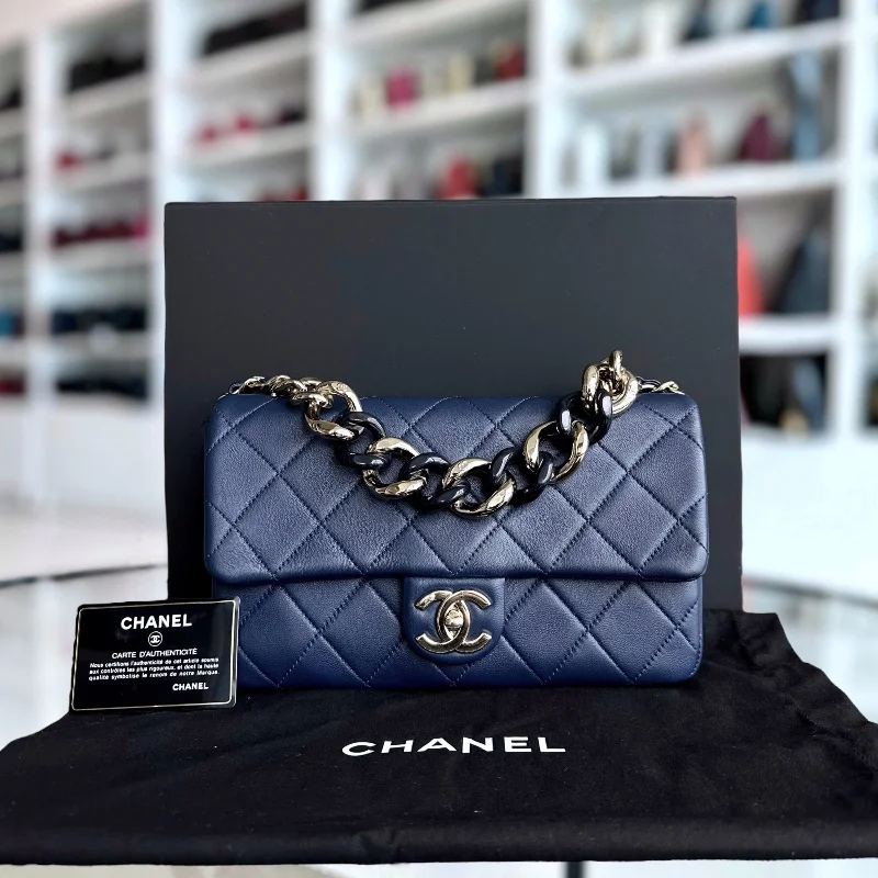 Chanel bags for the minimalist fashion2020 Elegant Resin Chain Classic Flap Quilted Lambskin Dark Blue GHW No 29