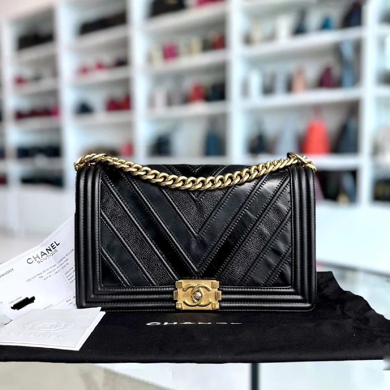 Chanel Vintage Inspired Handbag for Retro LoversBoy New Medium 28CM Chevron Tri-skin Calfskin Black GHW No 22