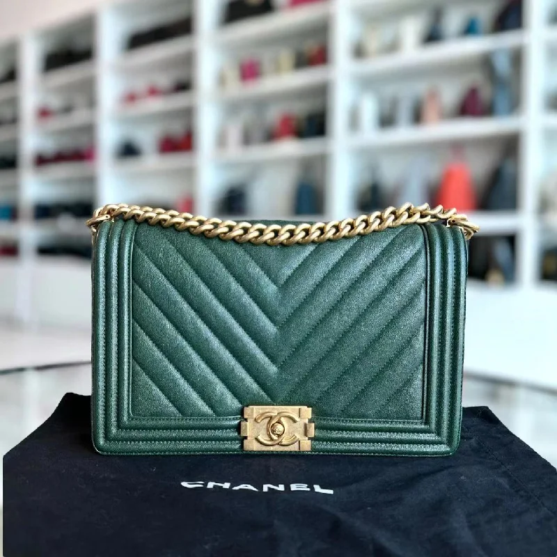 Chanel bags that pair perfectly with any outfitCaviar Boy New Medium 28CM Chevron Calfskin Leboy Dark Green GHW No 26