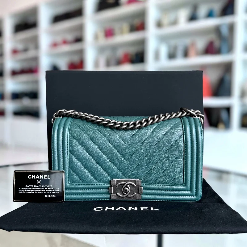 Chanel Classic Flap Bag for Evening PartyCaviar Boy Old Medium 25CM Chevron Green Blue Leboy RSHW No 24