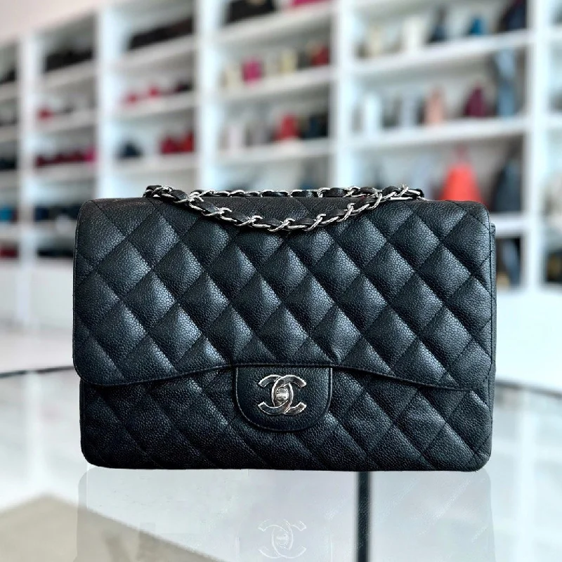 Chanel bags with classic and elegant designsCaviar Jumbo Classic Flap Quilted Grained Calfskin Black SHW No 12