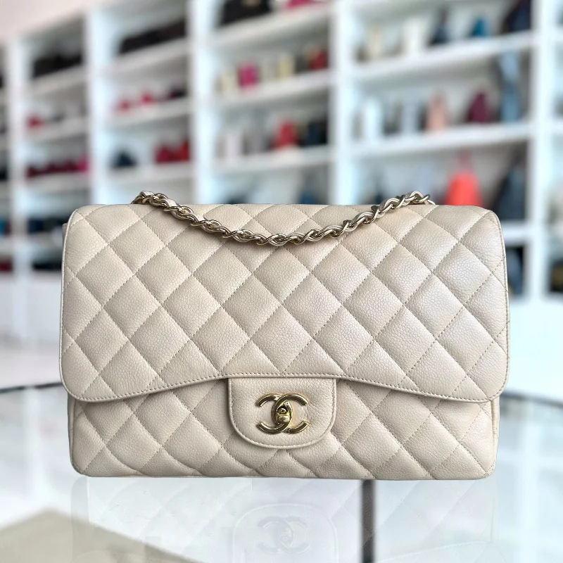 Chanel New Arrival Handbag with Gold HardwareCaviar Jumbo Classic Flap Single Flap Beige Quilted Calfskin GHW No 13