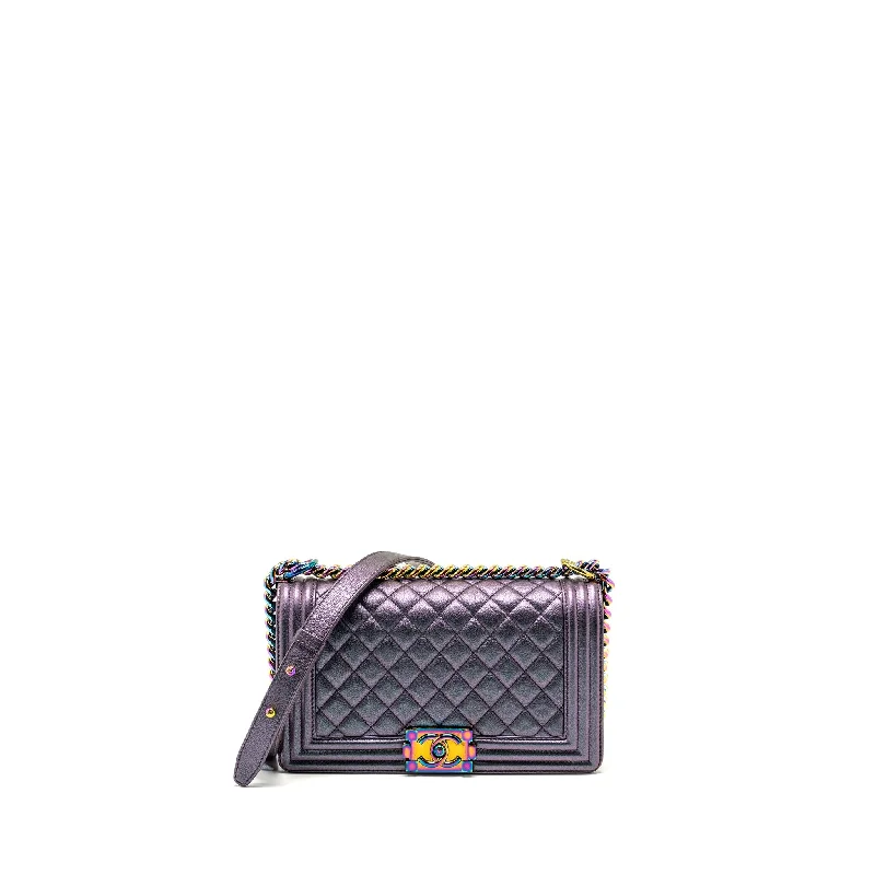 Chanel Handbag with Adjustable Strap for ComfortChanel Medium Boy Bag GoatSkin Iridescent Purple Multicolour Hardware