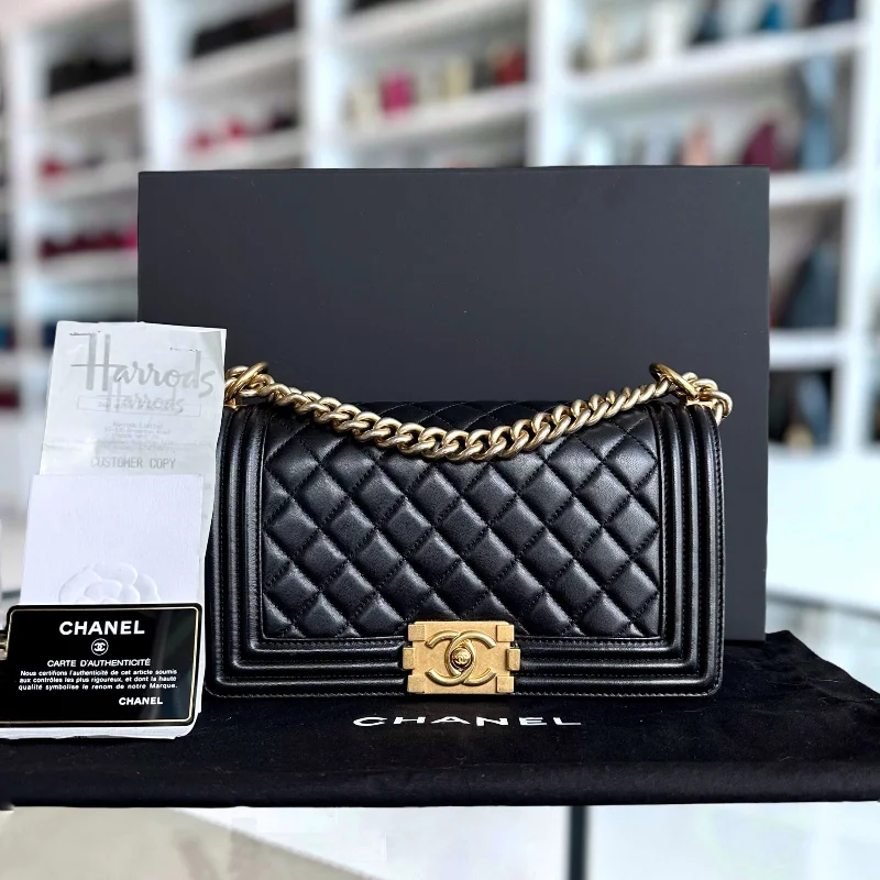 Chanel bags with iconic gold chains*Full set, Receipt* Boy Old Medium 25CM Lambskin Quilted Lambskin Black GHW No 22