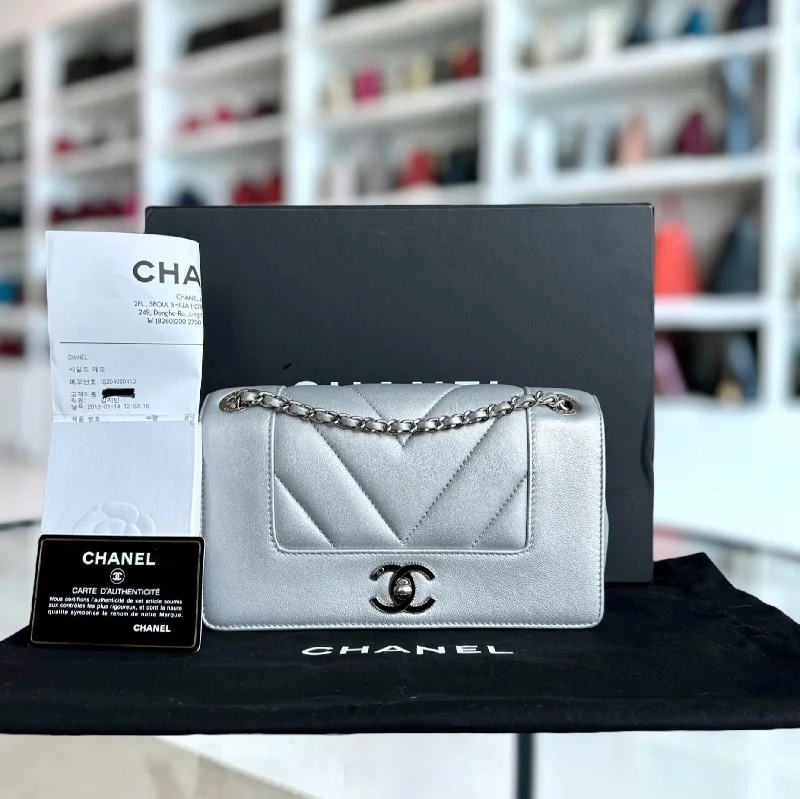 Chanel bags with exclusive seasonal releases*Full Set, Receipt* Mademoiselle Small Seasonal Double Flap Chevron Calfskin Silver No 24