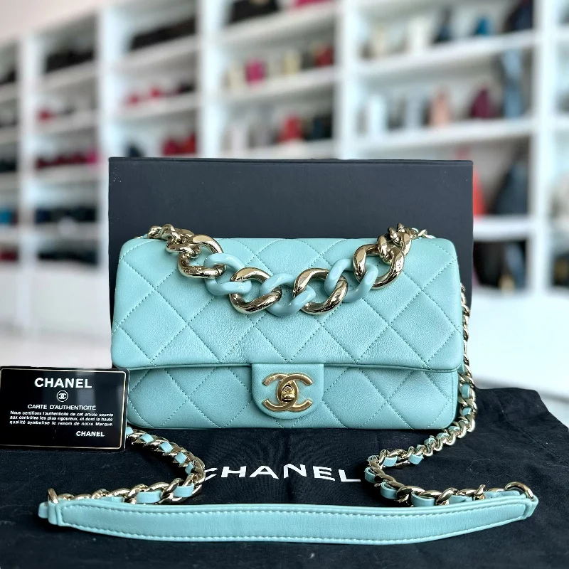 Chanel Vintage Inspired Handbag for Retro Lovers*Like New* 2020 Elegant Resin Chain Quilted Lambskin Light Blue GHW No 29