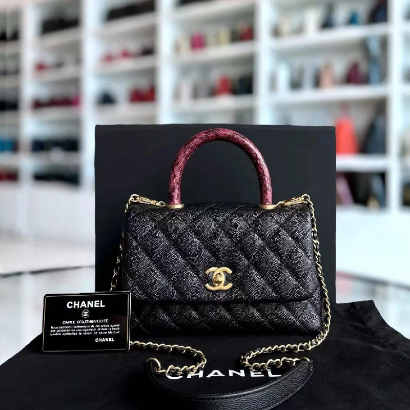 Chanel Colorful Handbag for Spring Outfits*Like New* Caviar Coco Handle Small Quilted Calfskin Exotic Handle Black GHW No 26