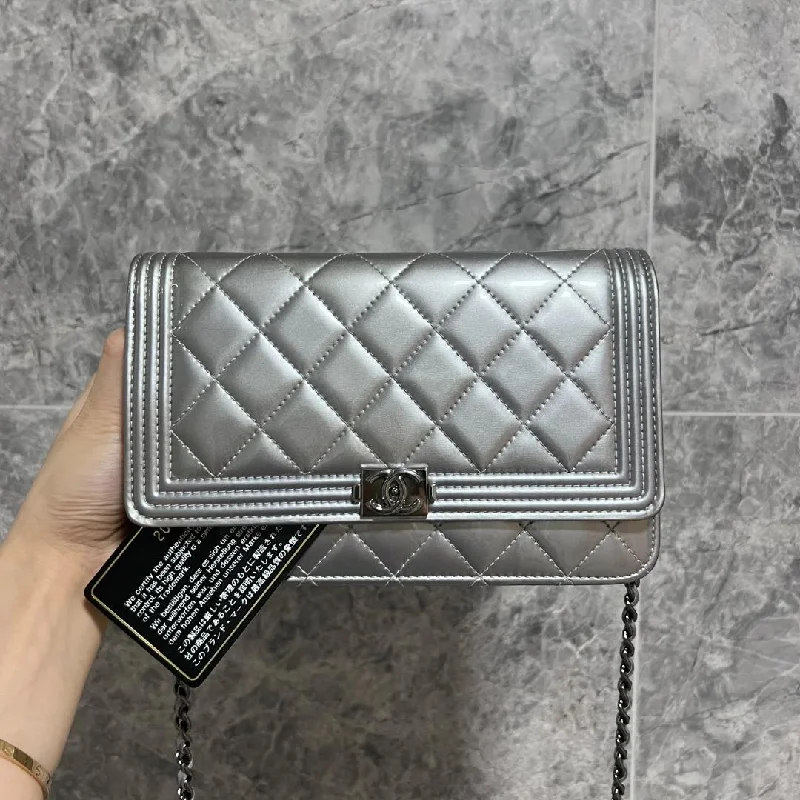 Chanel bags with iconic stitching detailsBoy Wallet On Chain WOC Patent Leather Silver